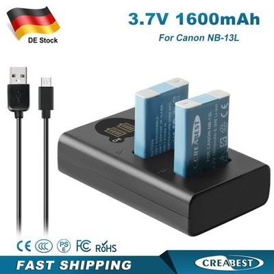 2x 1.6Ah NB-13L Akku+Dual Ladegerät Für Canon PowerShot G7X Mark II G5 X SX720H