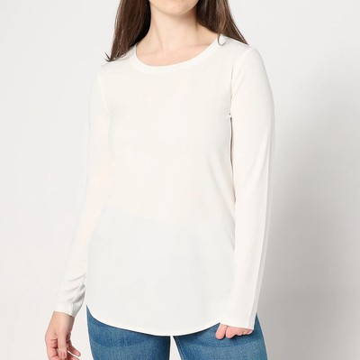 Susan Graver Size 2X Cream Petal Modern Essentials Long-Sleeve Crew-Neck Top