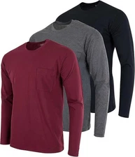 Real Essentials 3 Pack: Men’s Cotton Long Sleeves Pocket Tops Tee Shirts Size M
