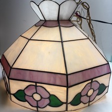 Vintage stained glass hanging / Lampshade flower floral pink purple white 16"