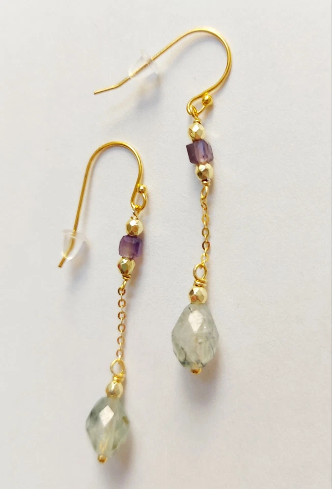 Orecchini pendenti in argento 925 laminato oro con ametista prehnite ed ematite - Immagine 4 di 4