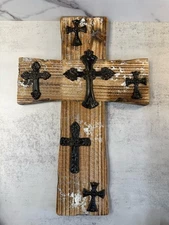 Rustic Wood Cross Wall Decor with Iron Cross Accents Farmhouse Christian Art