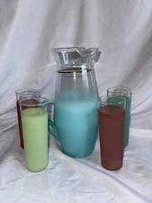 VTG Blendo Blue Pitcher and Multi-colored Set of 4 Tumblers Made In USA MCM