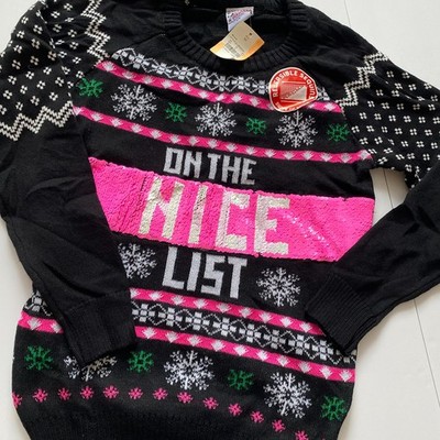 Holiday Sweater Pink Sequin Naughty Nice Ugly Christmas Pullover NWT XS Black