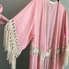 Umgee Lightweight Fringe Kimono Duster Large Peach EUC