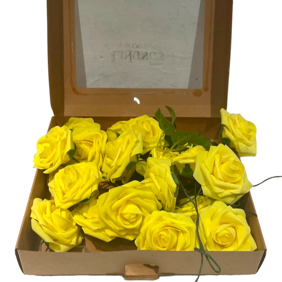 22 Lings Momento 3" Rosas Flores Artificiales Realistas Amarillo Imitación Novia Boda Foto 2 de 4