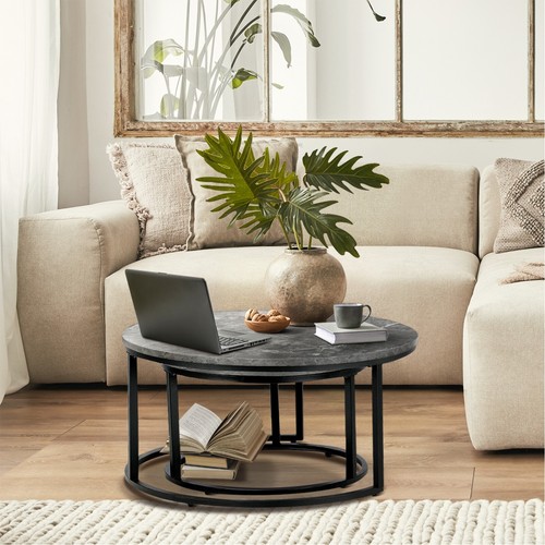 Oikiture Set of 2 Coffee Table Round Marble-like Nesting Side Tables Grey Black - Picture 2 of 11