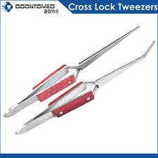 Cross Lock Tweezers Self Closing Fiber Grip 6-1/2" Set of 2 Bent  Straight Tip
