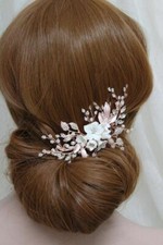 Bridal rose gold beaded crystal flower hair comb