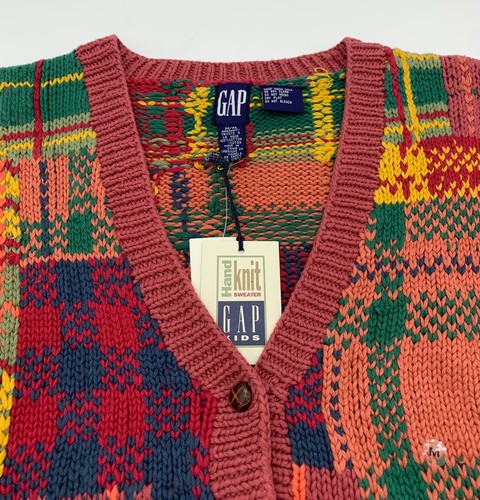 Vintage 90s Gap Kids Handknit Cardigan Sweater Size Youth M Multicolor Plaid - Picture 4 of 6