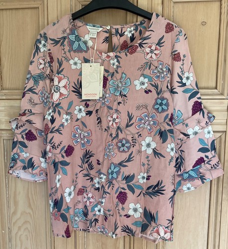 Brandneu mit Etikett Größe 8 Monsoon rosa Rouge 3/4 Rüschenärmel Blumenmuster Bluse Oberteil