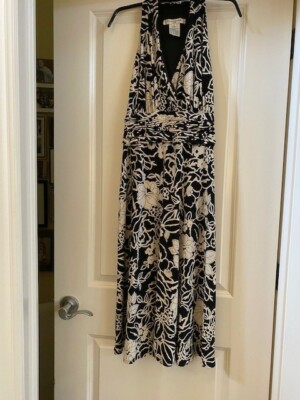 evan picone halter dress Evan-Picone Black & Cream Floral Fit & Flare Style Size 12 EUC luxury satin dress