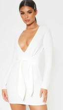 Pretty Little Thing White Long Sleeve Tie Waist Bodycon Dress  Size 4 BNWT (R)