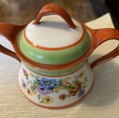 Vintage Sugar Dish W/Lid Orange Green Flowers And Creamer Set Moschandory - Picture 5 of 13