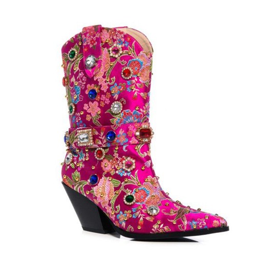 Women's Pointed Toe Side Zipper Embroidered Rhinestone Leather Plus Size Boots - Picture 26 of 30