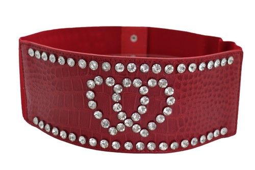 Women Red Elastic Wide Belt Hip High Waist Silver Heart Love Friendship Size S M - Picture 17 of 23