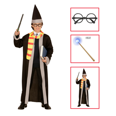 VESTITO CARNEVALE ACCESSORI MAGO COSTUME OCCHIALI BACCHETTA (8