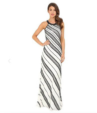 Adrianna Papell Gown Dress White Black Diagonal Beaded Sequin Prom Formal Nwt 16