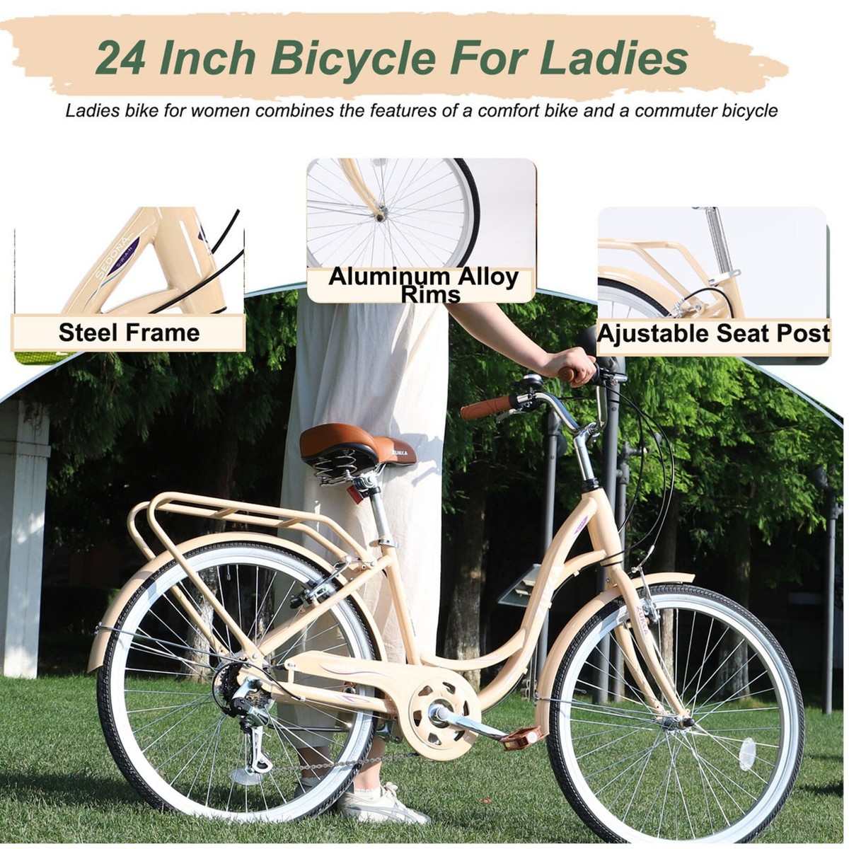 7 Speed Bike Steel Frame Beige 24 inch Ladies Aluminum Alloy Bicycle for  Women | eBay