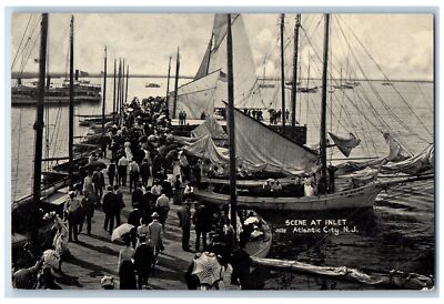 c1950's Scene At Inlet Crowd Sailboats Dock Atlantic City New Jersey NJ Postcard