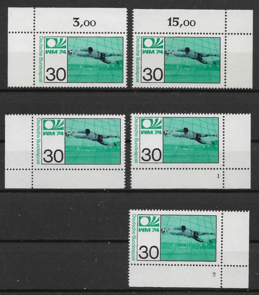 Bund 1974 ** 5x Mi 811 Fußball WM 30Pf Eckrand Ecke Formnummer 1+2 Fn1+2 (2022G) - Bild 1 von 4