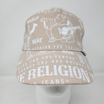 True Religion Snapback Cap Mens Beige Printed Logo Allover Sand Trucker Hat 