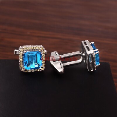 Natural Blue Topaz Gemstone with 925 Sterling Silver Cufflink #160