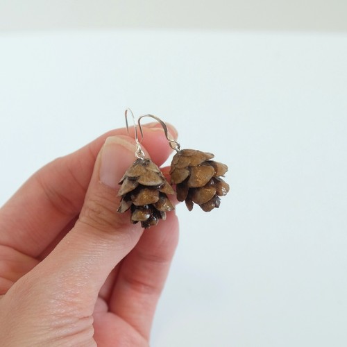 Orecchini pendenti fatti a mano vera pigna ganci placcati argento Cottagecore autunno - Foto 4 di 8