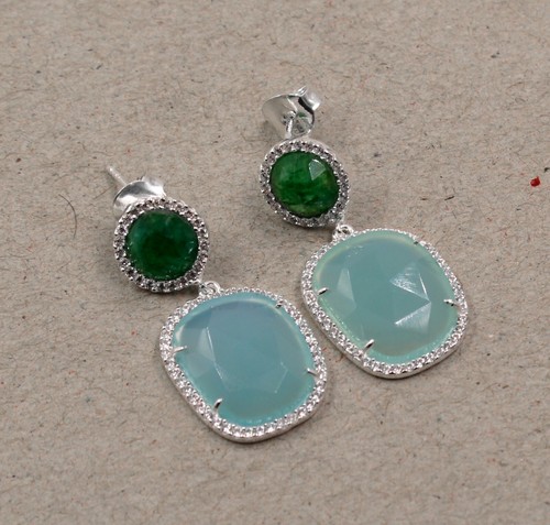 Solid 925 Sterling Silver Chalcedony Emerald Gemstone Earring - Picture 7 of 8