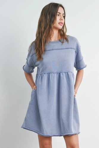 VESTIDO DE MANGA CORTA DE RIZO FRANCÉS LAVADO CON MANTEQUILLA - DENIM TALLA MEDIANA - TAN LINDO - Imagen 3 de 6