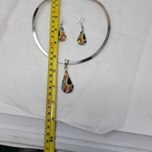 Artisan 925 Teardrop Multicolor Micro Mosaic Crystal Torque Necklace Earring Set - Picture 13 of 20