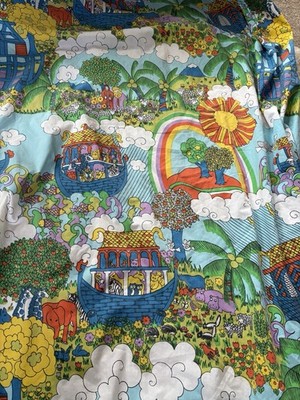 Sears Roebuck Pat Albeck Noah s Ark Full Fitted Sheet Elastic Groovy Percale 70s