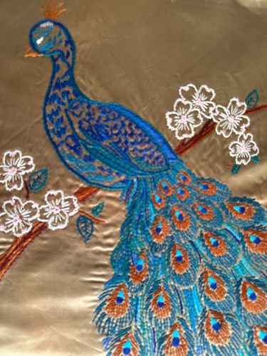 PEACOCK embroidery large 24 by 19 inches on satin hand embroidered, completed