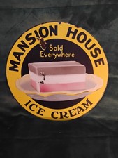 Original 1930s Mansion House Ice Cream Porcelain Sign Soda Fountain 13.5 Inch
