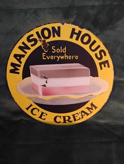 Original 1930s Mansion House Ice Cream Porcelain Sign Soda Fountain 13.5 Inch