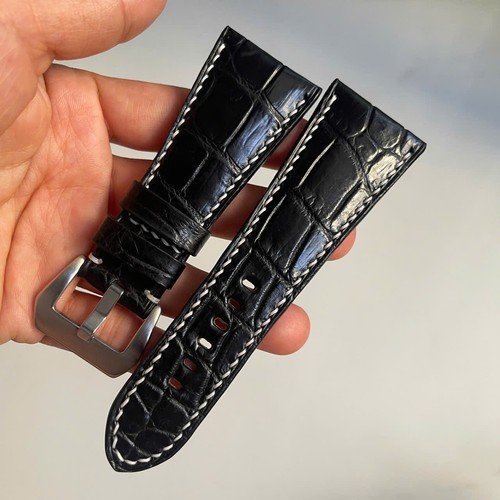 Black 32/22mm Genuine Exotic Leather Skin Watch Strap Band For BVL OCTO 41 S - Picture 10 of 12