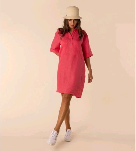 Two - T's Pink Linen Shirt Dress Size 18 Pockets