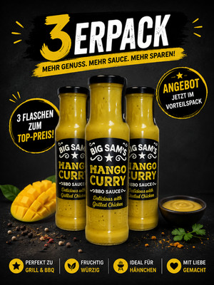 3 X BIG SAM'S Mango Curry Sauce 250 ml   Fruchtig, mild & exotisch Grill Soße