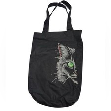 Embroidered Black Cat Tote Bag Playful Animal Lover Book Bag