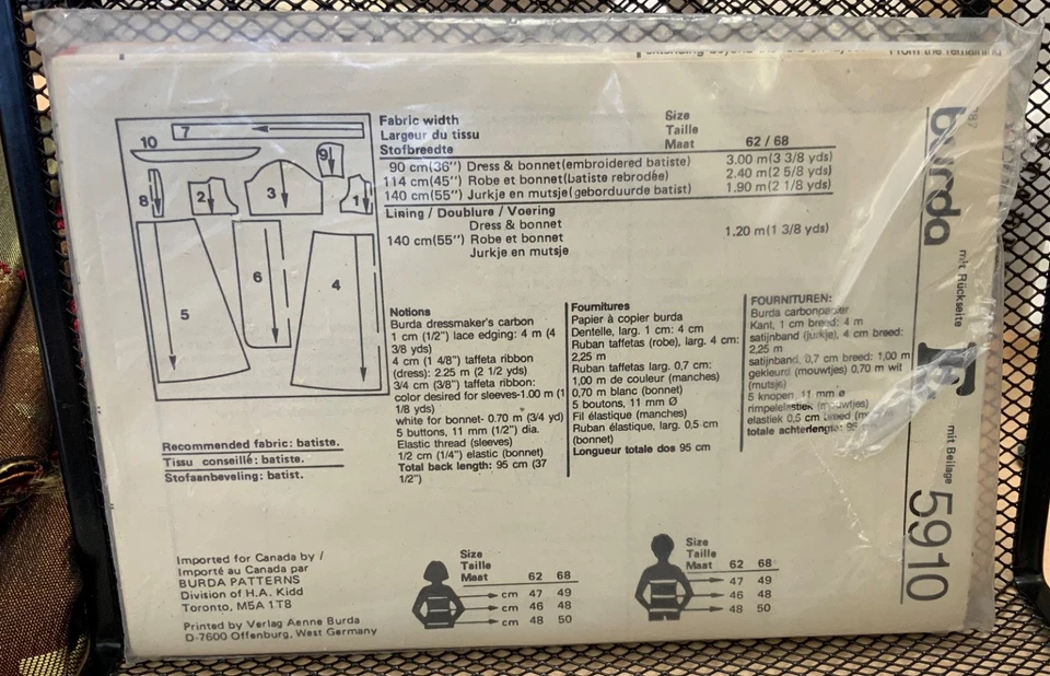 Burda Style Pattern 5910 BABY CHRISTENING GOWN 3 MO - 6 MO - UNCUT - Image 2 of 2