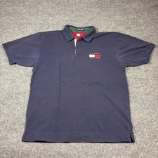 Vintage Tommy Hilfiger Shirt Men's Navy Rugby Polo Color Block Stripe 90s Y2K