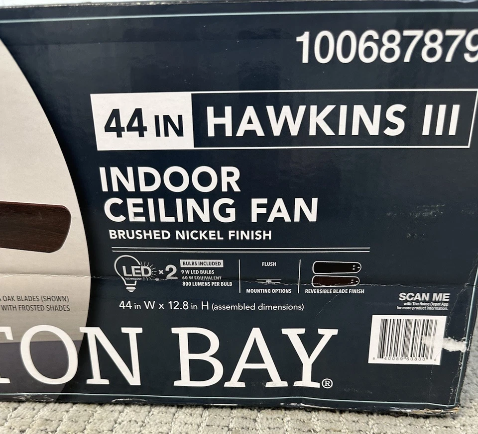 Hampton Bay Hawkins III 44 in. Indoor Brushed Nickel Flush Mount Ceiling Fan New - Image 2 of 4