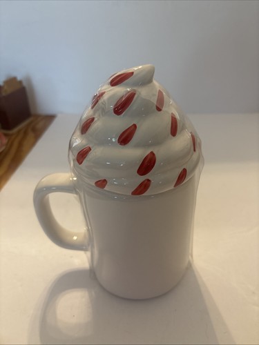 "NEU" Rae Dunn by Magenta Weihnachten weiß "PEPPERMINT MOKKA" Becher mit Topper - Bild 4 von 5