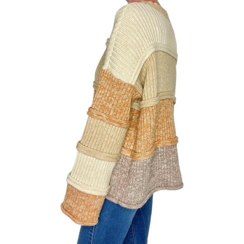 Entro Pullover beige braun hellbraun gestreift Patchwork ausgestellte Ärmel - Bild 3 von 8