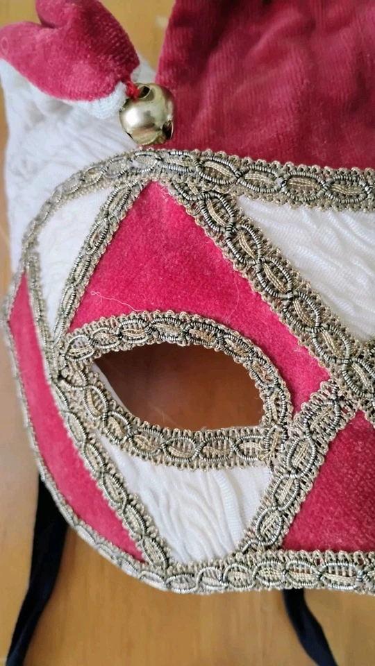 Venetian Masquerade Jester Mask Red & White Embroidered Fabric Handmade Italian - Image 2 of 4
