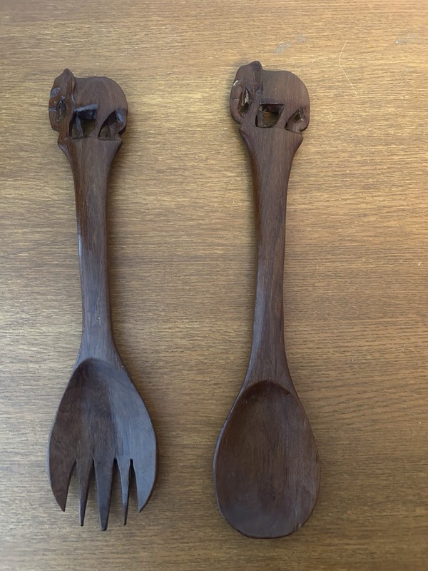 Hand Carved Wood Elephant Handled Salad Servers