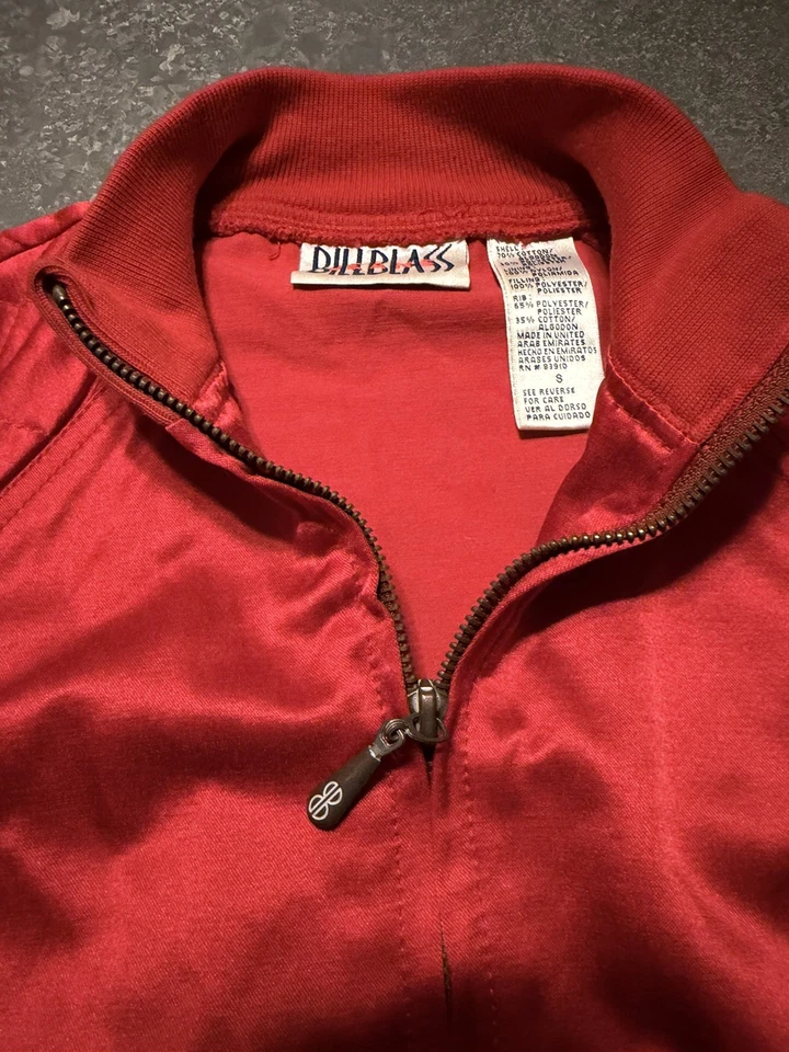 Vintage BILL BLASS jeans Small Red Quilted Satin Bomber Jacket Glam Rock Retro  - Image 3 of 4