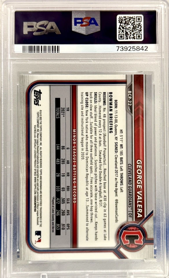 2022 George Valera Bowman Sapphire Edition #BCP-22 Chrome Prospects  (RC) PSA 10 - Image 4 of 4