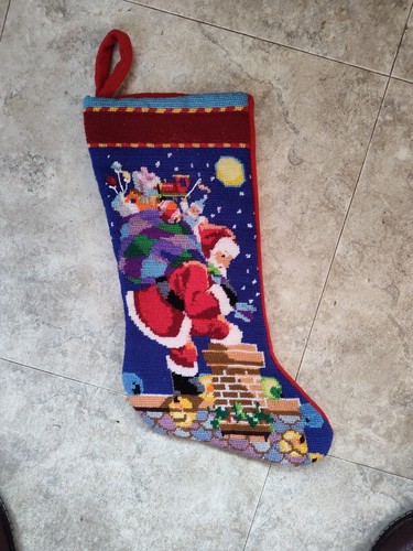 VTG Handmade Needlepoint Santa Chimney Colorful Detailed Christmas Stocking