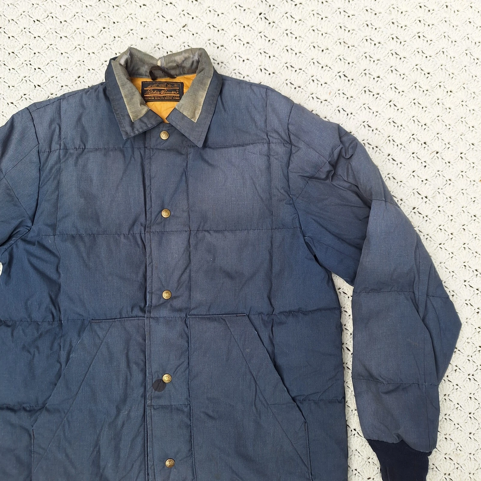 Vtg Eddie Bauer Distressed Button Up Goose Down Puffer Jacket Blue - Large